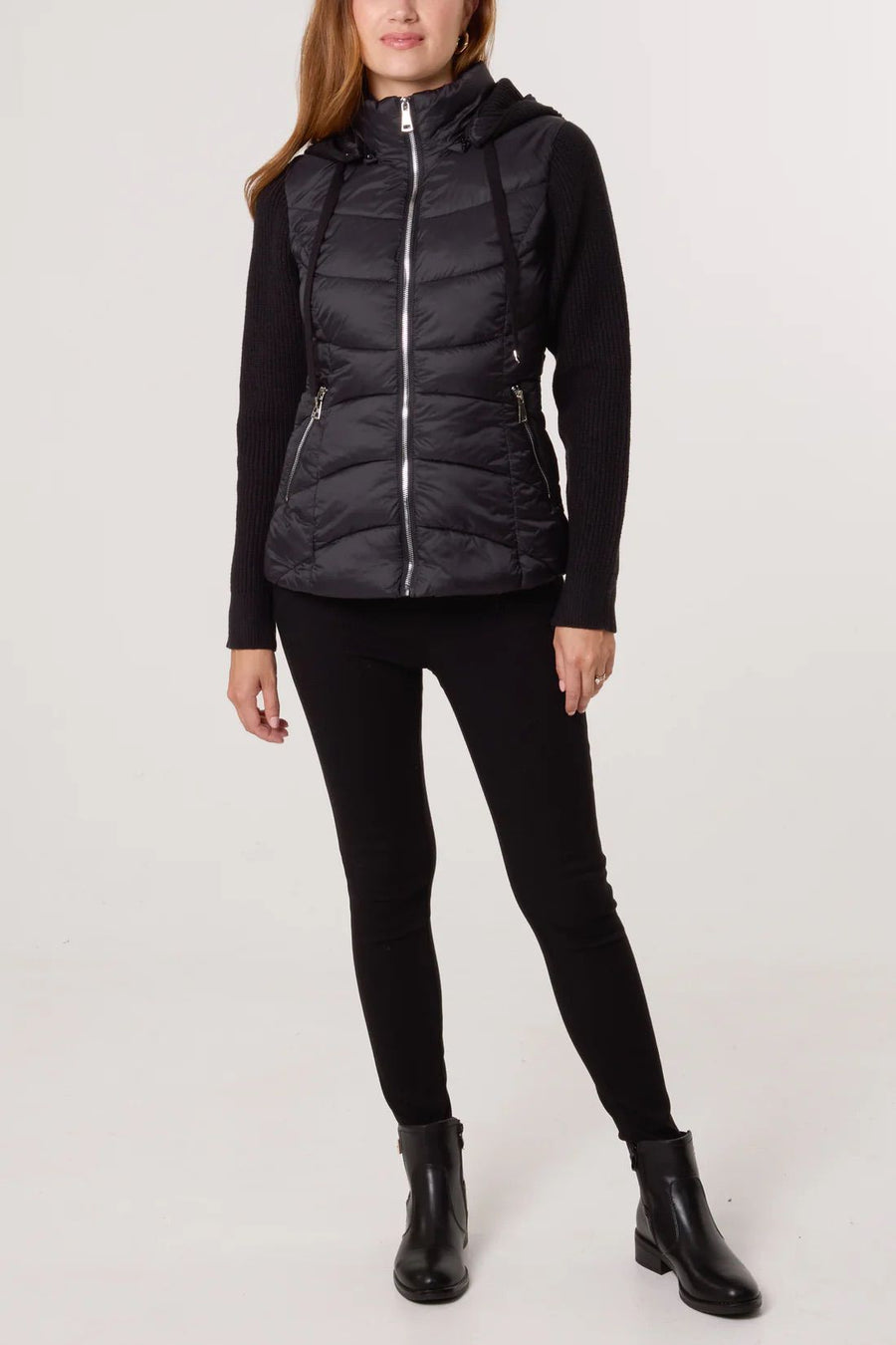 Knitted Sleeve Puffer Quilted Jacket - Black