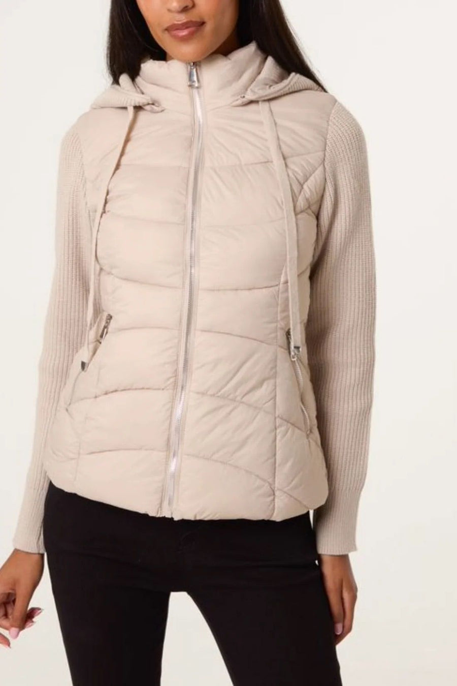Knitted Sleeve Puffer Quilted Jacket - Stone