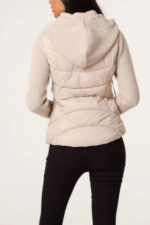 Knitted Sleeve Puffer Quilted Jacket - Stone