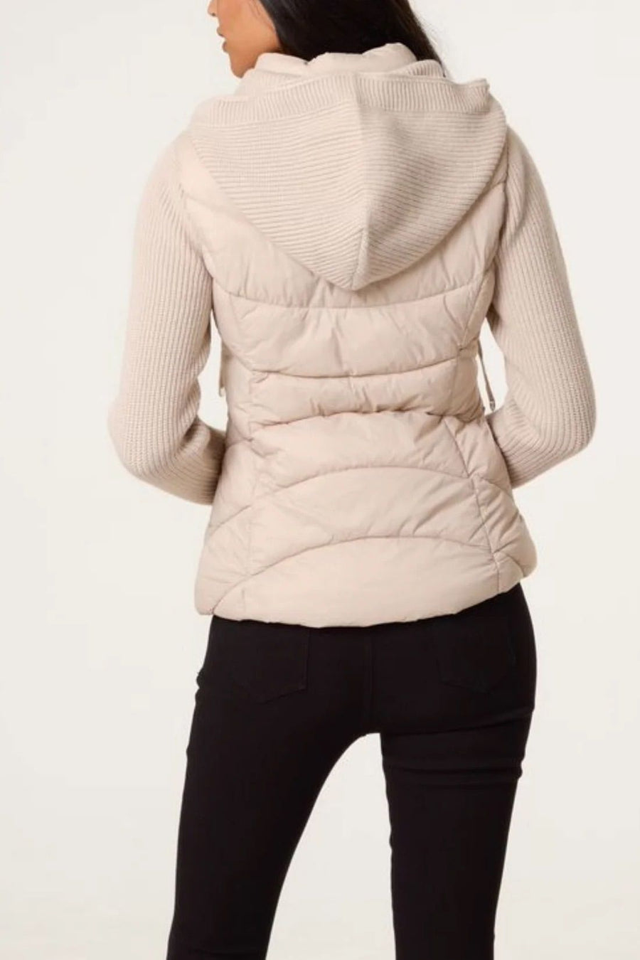 Knitted Sleeve Puffer Quilted Jacket - Stone