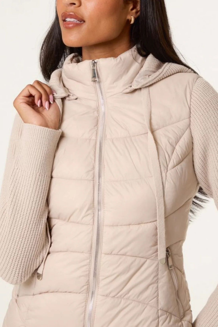 Knitted Sleeve Puffer Quilted Jacket - Stone