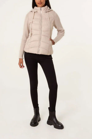 Knitted Sleeve Puffer Quilted Jacket - Stone