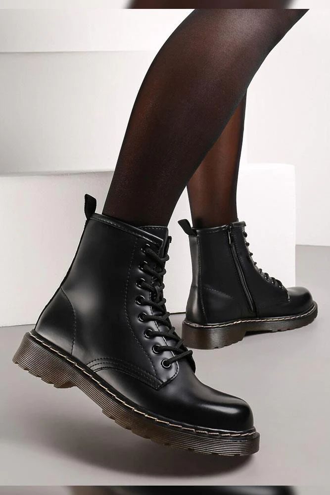 Lace Up Patent Ankle Boots - Black