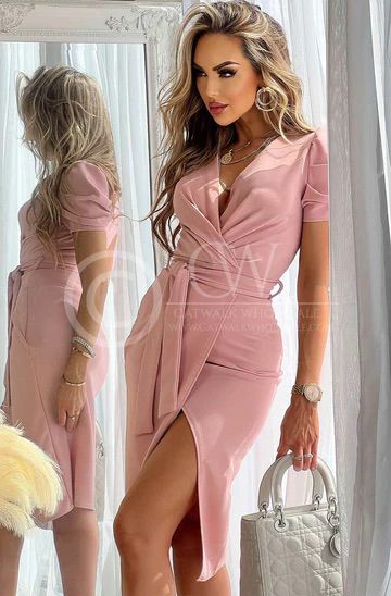 Lily Puffed Sleeves Front Wrap Dress - Dusty Pink