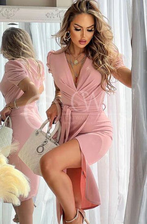 Lily Puffed Sleeves Front Wrap Dress - Dusty Pink