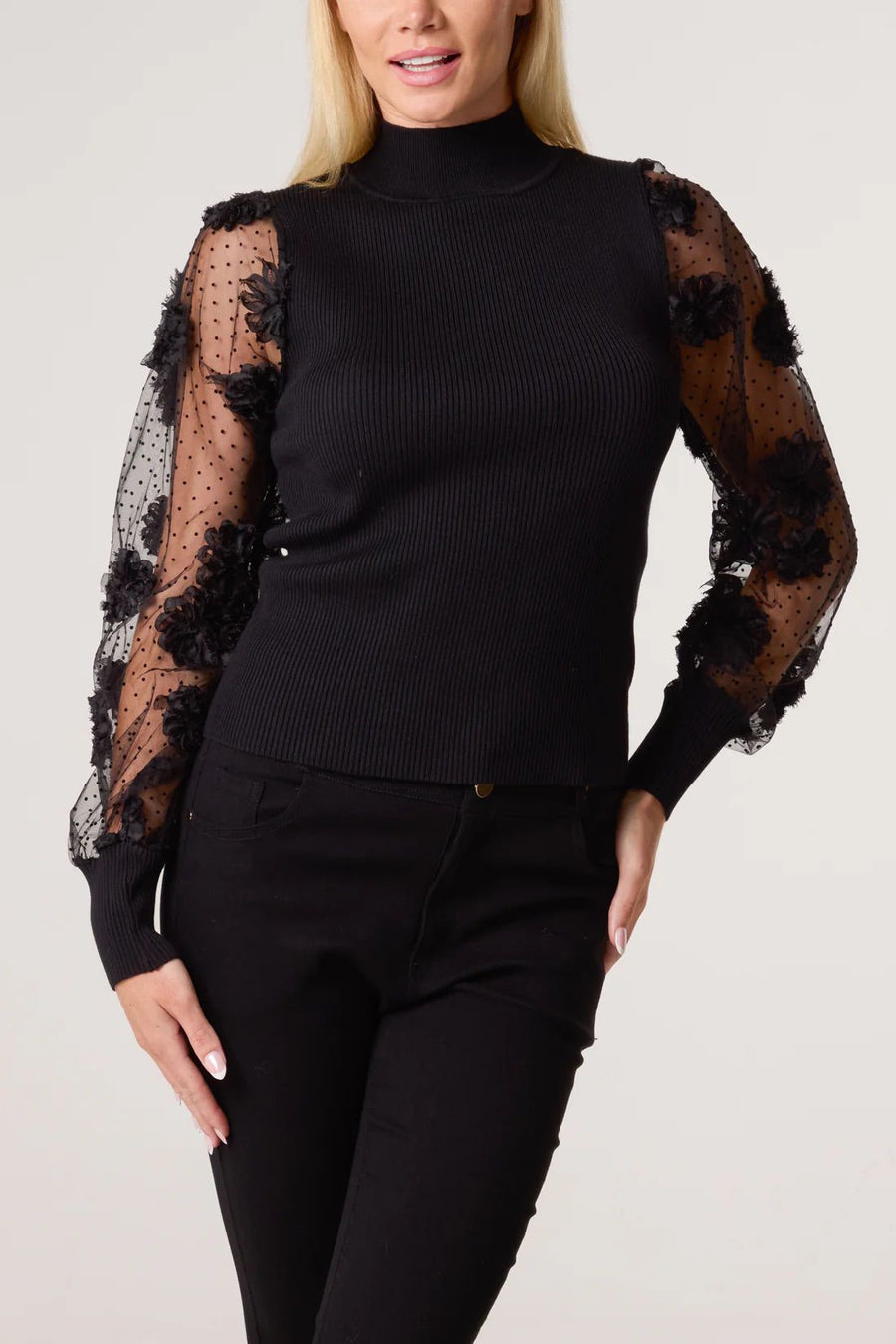 Mesh Flower Sleeve Turtle Neck Jumper - Black