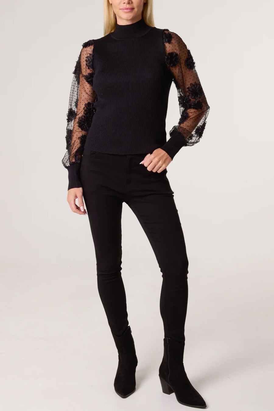 Mesh Flower Sleeve Turtle Neck Jumper - Black