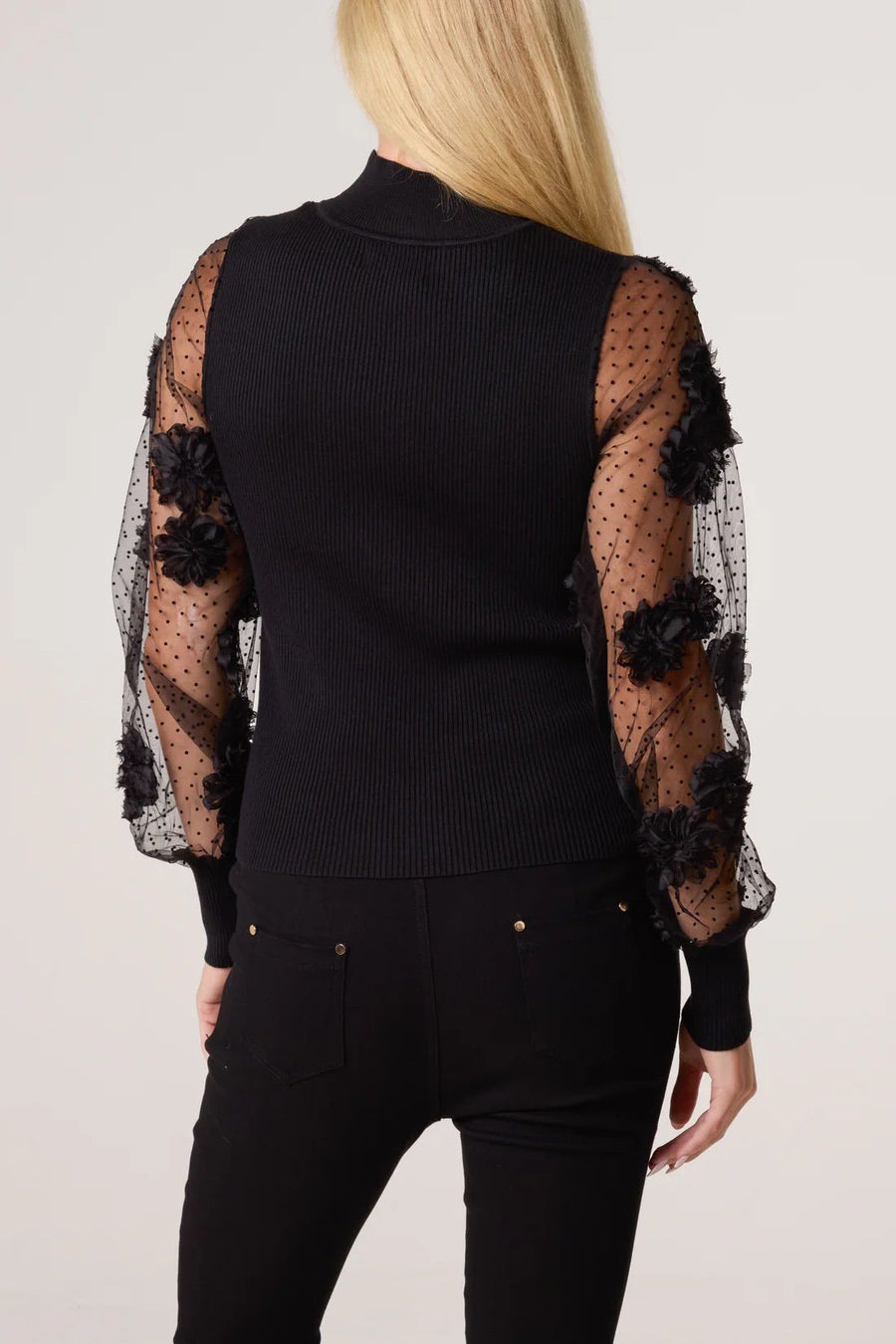 Mesh Flower Sleeve Turtle Neck Jumper - Black