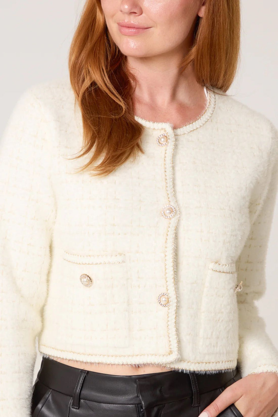 Pearl Button Check Knit Cardigan - Ivory