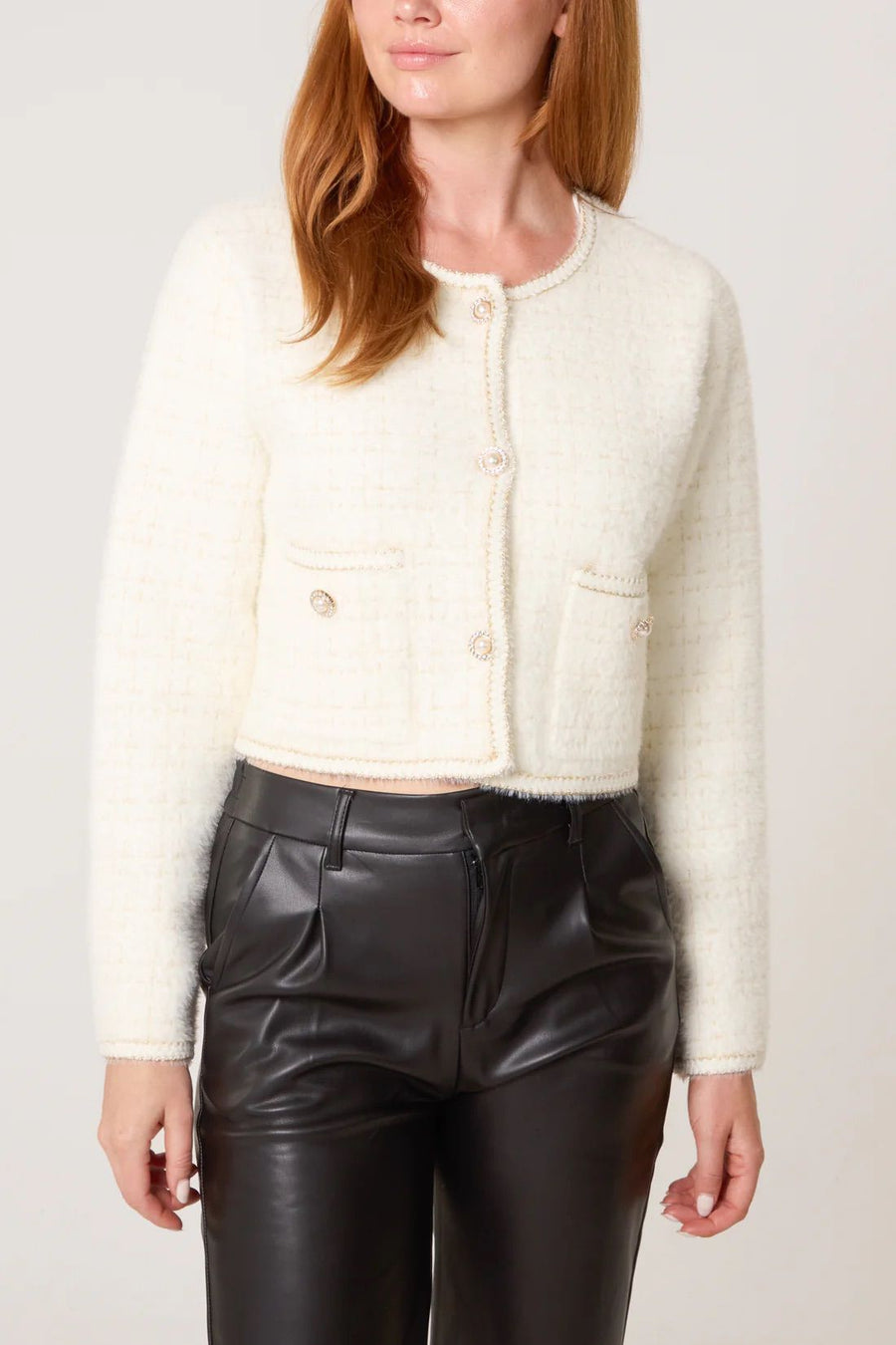 Pearl Button Check Knit Cardigan - Ivory