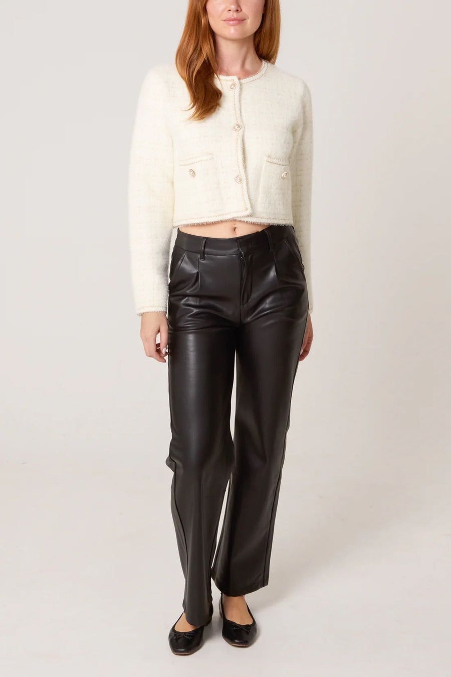 Pearl Button Check Knit Cardigan - Ivory