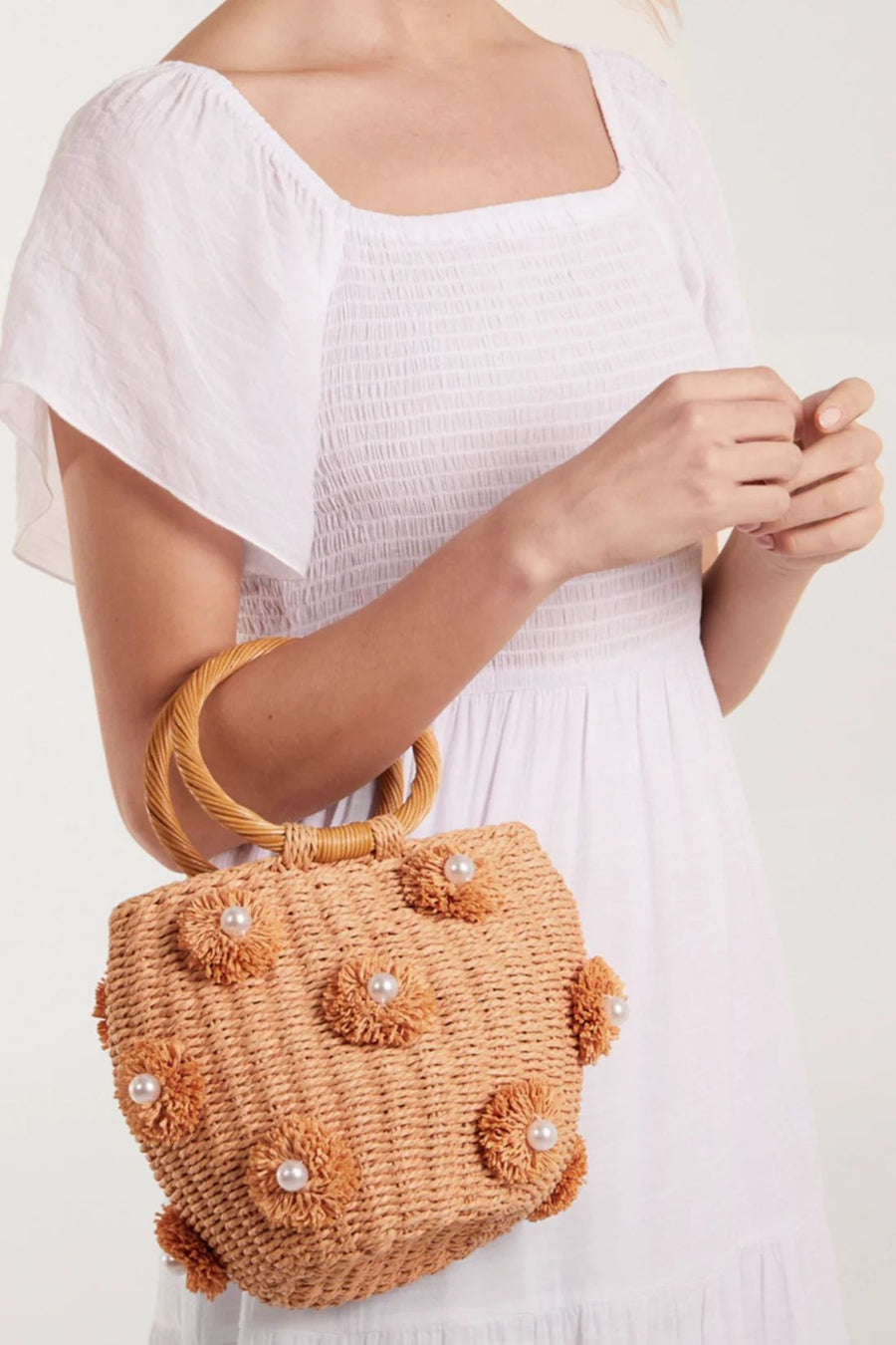 Pearl Pom Pom Mini Woven Handbag - Stone