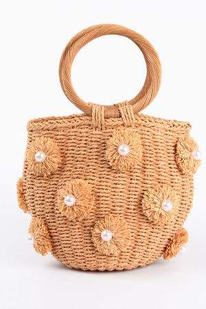 Pearl Pom Pom Mini Woven Handbag - Stone