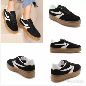 Platform Faux Suede Lace Up Gum Sole Trainers - Black