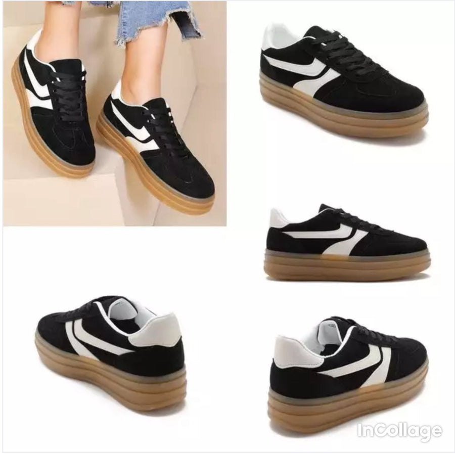 Platform Faux Suede Lace Up Gum Sole Trainers - Black
