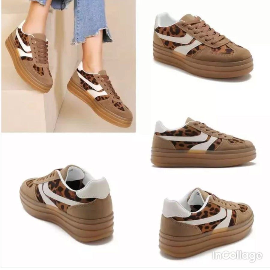 Platform Faux Suede Lace Up Gum Sole Trainers - Leopard