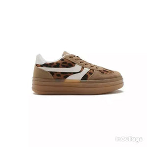 Platform Faux Suede Lace Up Gum Sole Trainers - Leopard