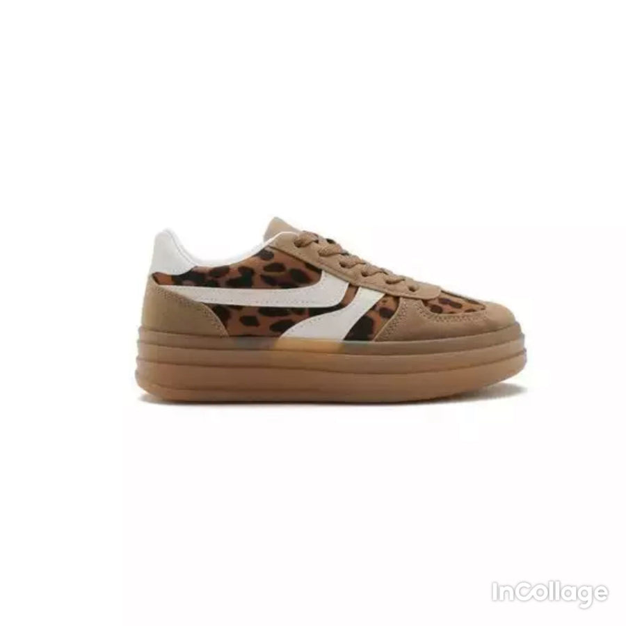 Platform Faux Suede Lace Up Gum Sole Trainers - Leopard