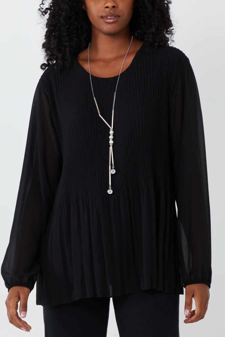 Pleated Long Sleeve Necklace Top - Black