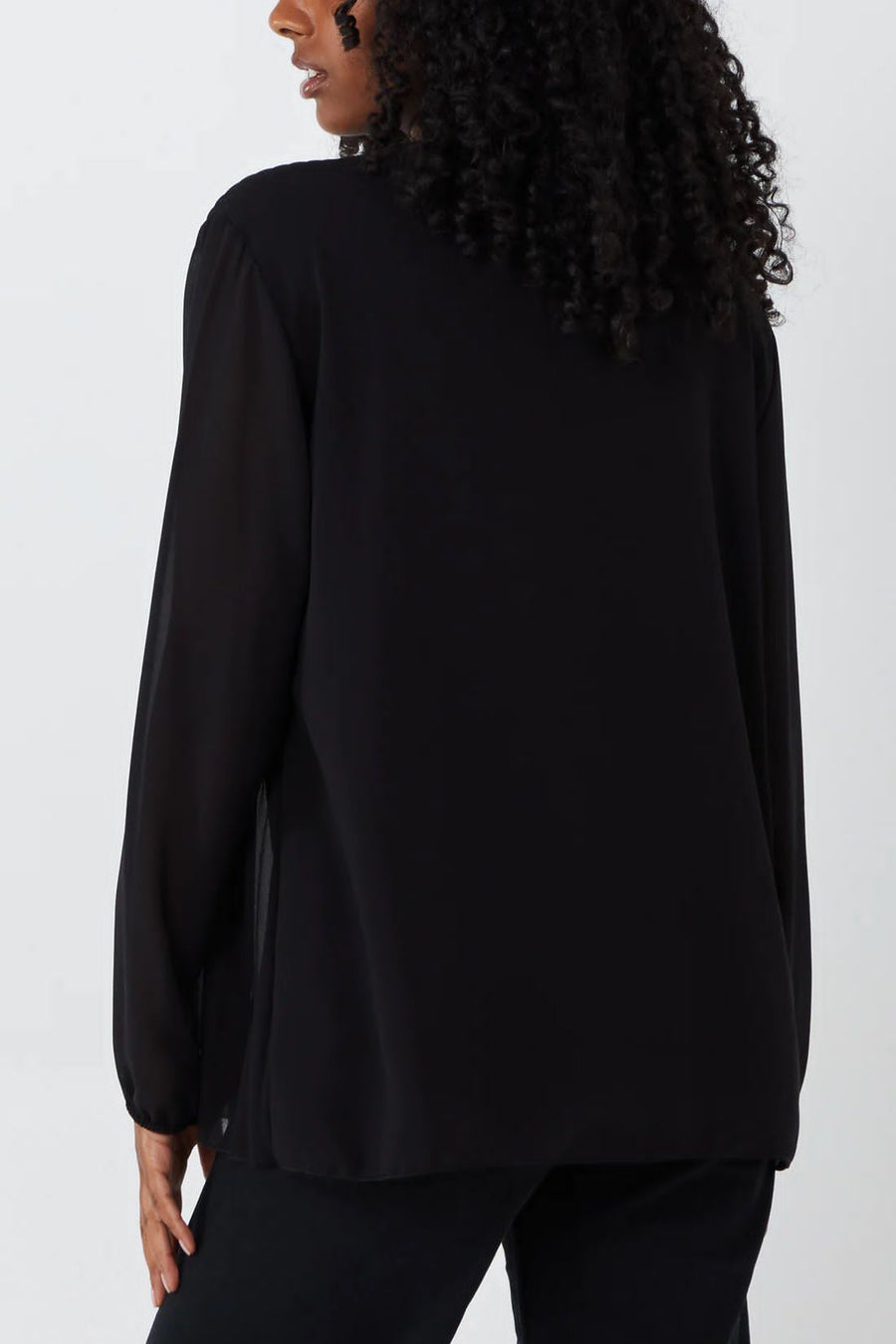 Pleated Long Sleeve Necklace Top - Black