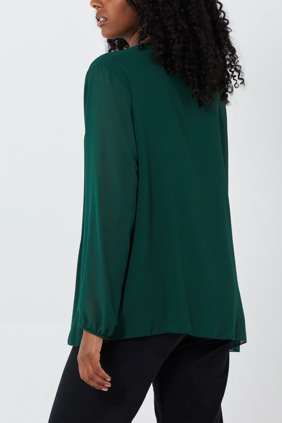 Pleated Long Sleeve Necklace Top - Bottle Green