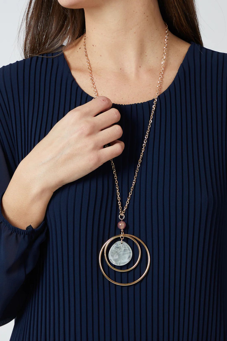 Pleated Long Sleeve Necklace Top - Navy