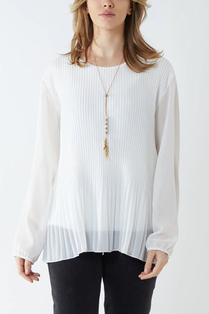 Pleated Long Sleeve Necklace Top - White