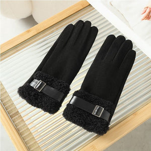 Plush Faux Fur Buckle Gloves - Black