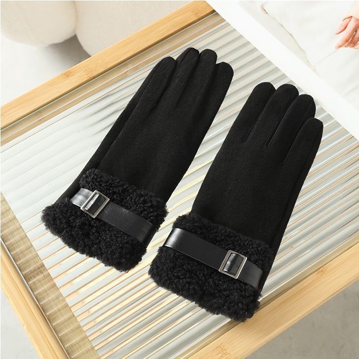 Plush Faux Fur Buckle Gloves - Black