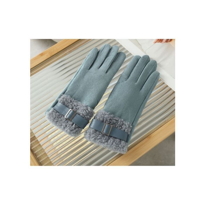 Plush Faux Fur Buckle Gloves - Duck Egg Blue