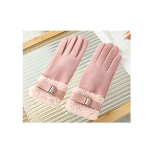 Plush Faux Fur Buckle Gloves - Pink