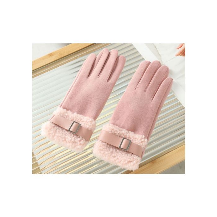 Plush Faux Fur Buckle Gloves - Pink
