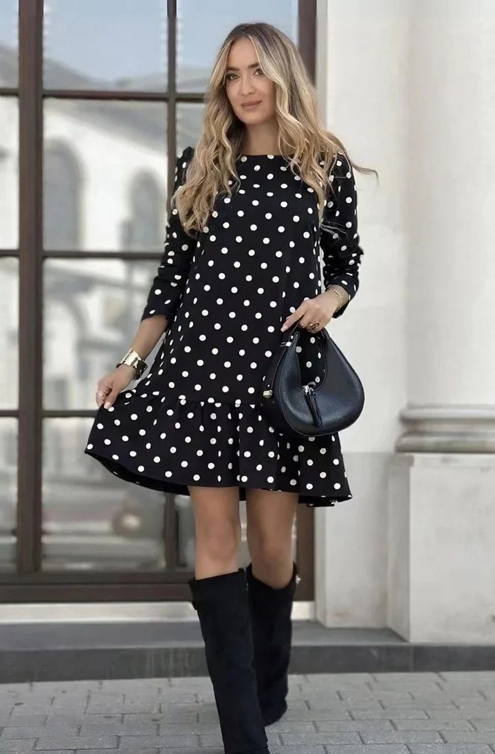 Poppy Frill Polka Dots Dress - Black