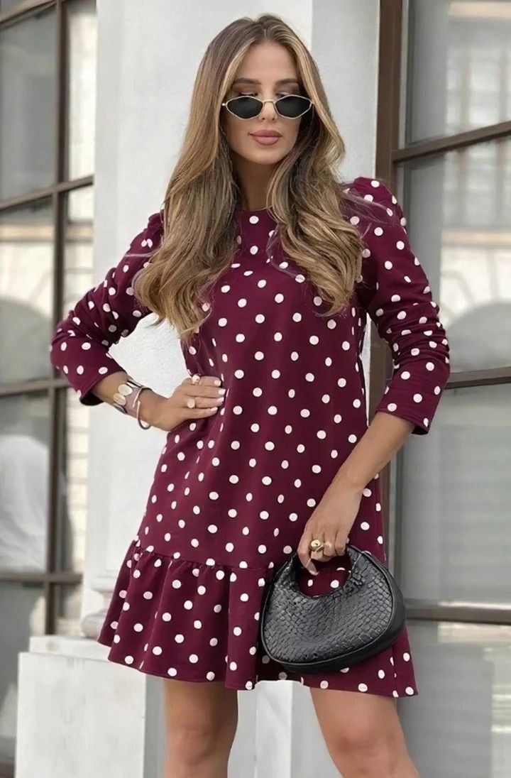 Poppy Frill Polka Dots Dress - Wine