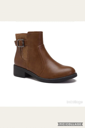 Flat Buckle Diamante Detail Elasticated Chelsea Ankle Boots - Camel