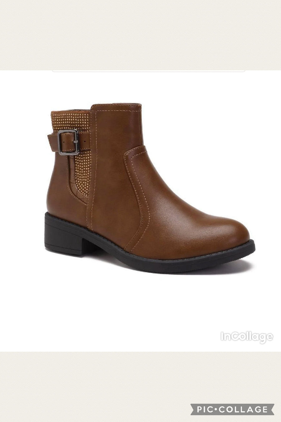 Flat Buckle Diamante Detail Elasticated Chelsea Ankle Boots - Camel