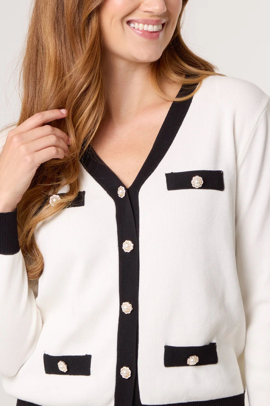 Contrast Pearl Cardigan & Trouser Co-Ord - Ivory/Black