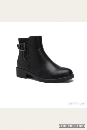 Flat Buckle Diamante Detail Elasticated Chelsea Ankle Boots - Black