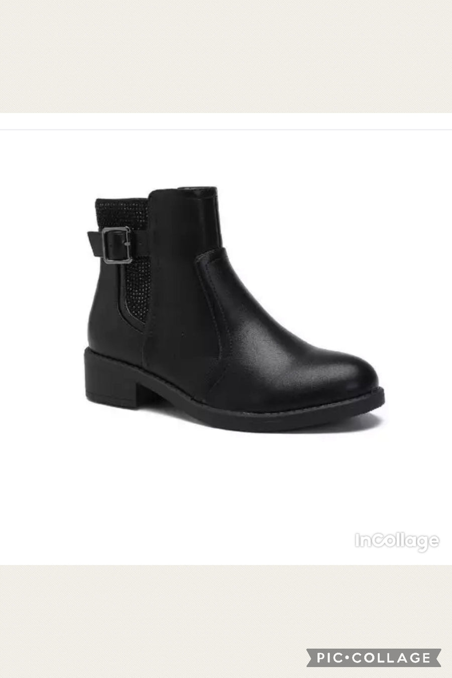 Flat Buckle Diamante Detail Elasticated Chelsea Ankle Boots - Black