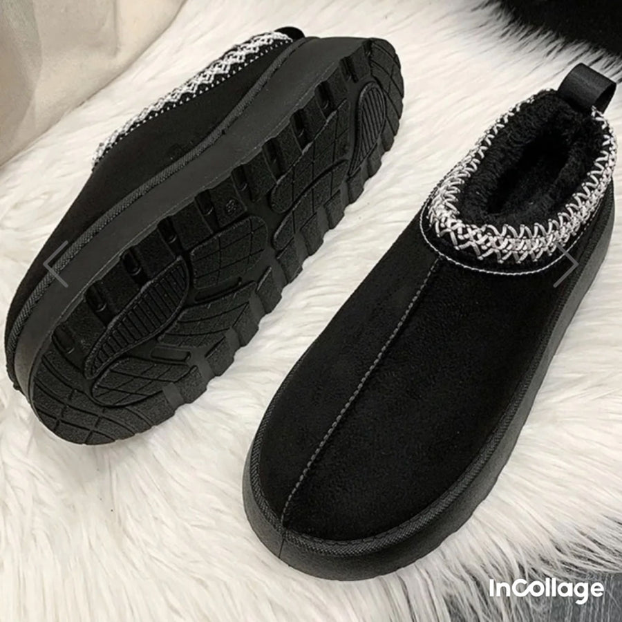 Platform Faux Suede Embroidered Aztec Detail Fluffy Slipper Boots - Black