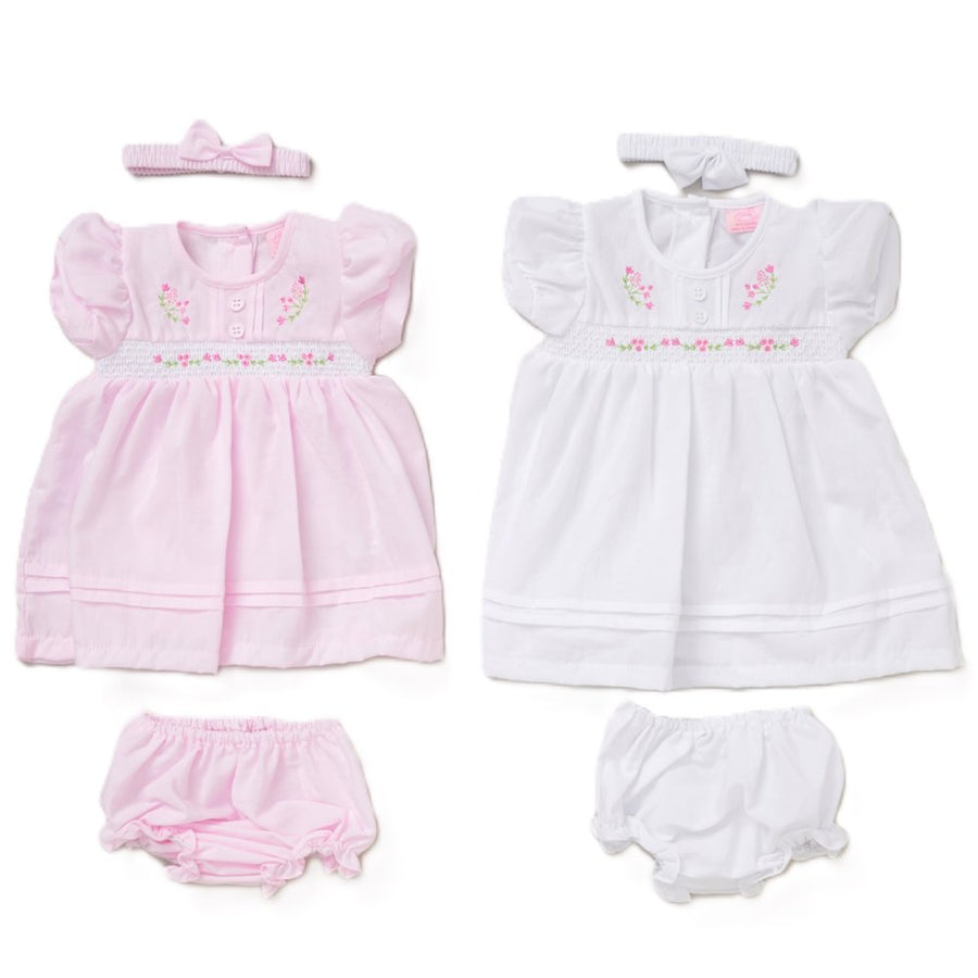 Baby Girls Floral Dress, Pants And Headband Set - White