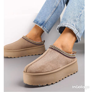 Platform Faux Suede Embroidered Aztec Detail Fluffy Slipper Boots - Camel