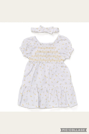 Girls Smocked Panel Dress & Bobble - Yellow