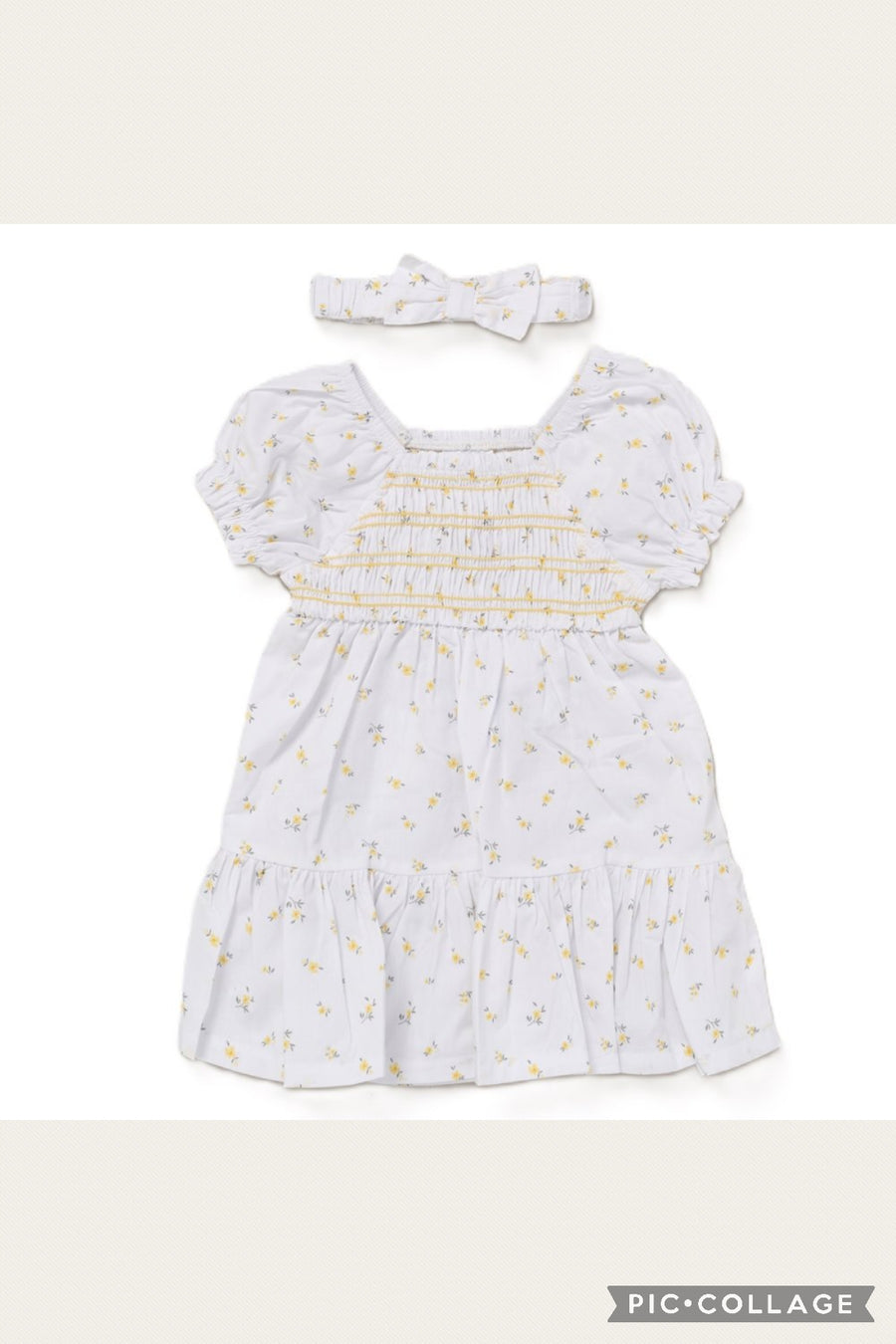 Girls Smocked Panel Dress & Bobble - Yellow