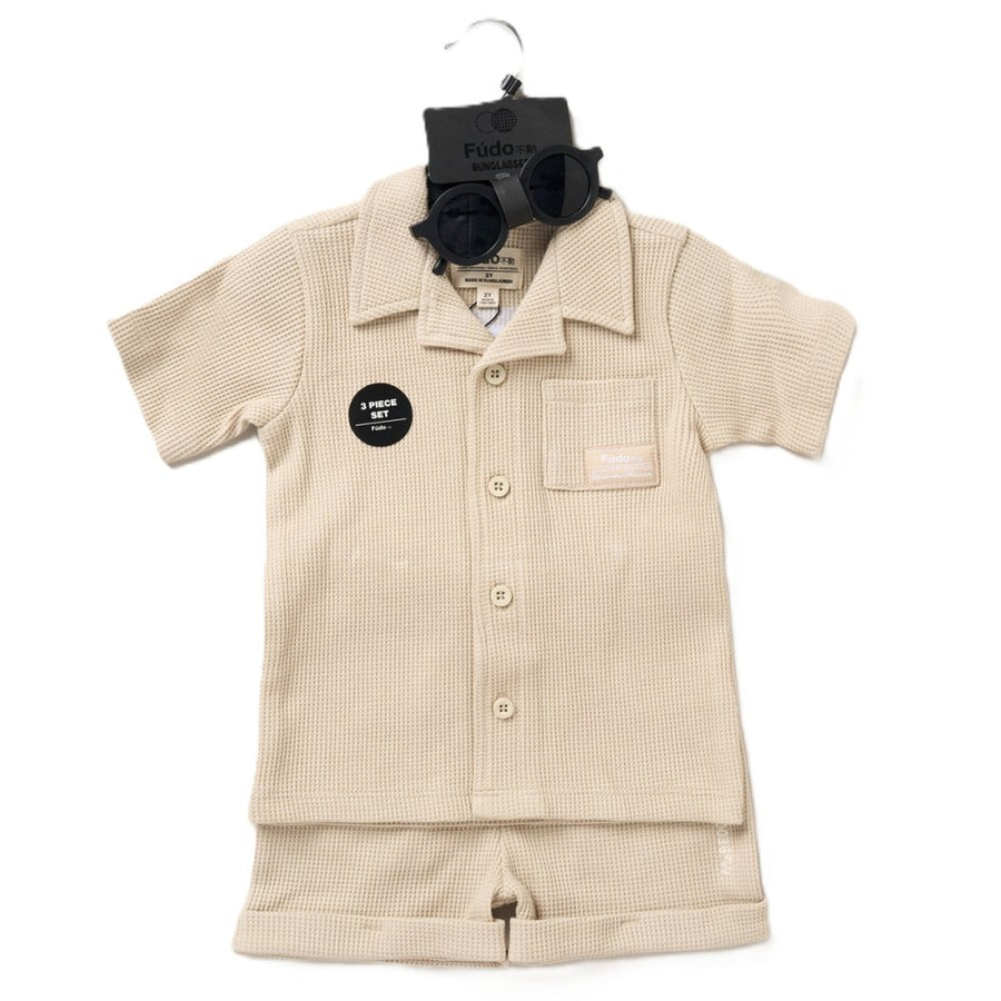 Baby Boys Waffle Shirt, Shorts And Sunglasses Set - Beige