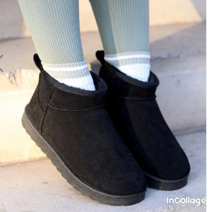 Faux Suede Ultra Mini Cozy Ankle Boots - Black