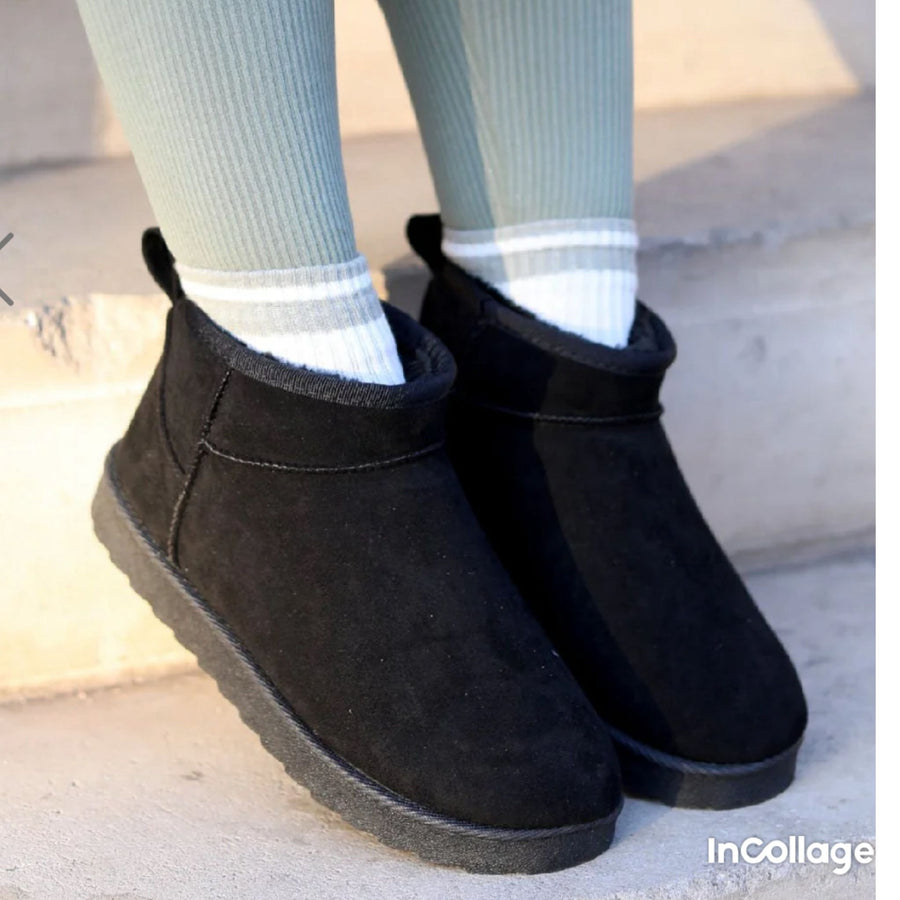 Faux Suede Ultra Mini Cozy Ankle Boots - Black