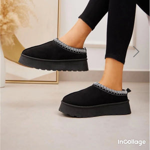 Platform Faux Suede Embroidered Aztec Detail Fluffy Slipper Boots - Black