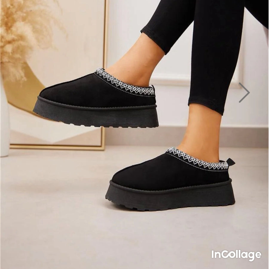 Platform Faux Suede Embroidered Aztec Detail Fluffy Slipper Boots - Black
