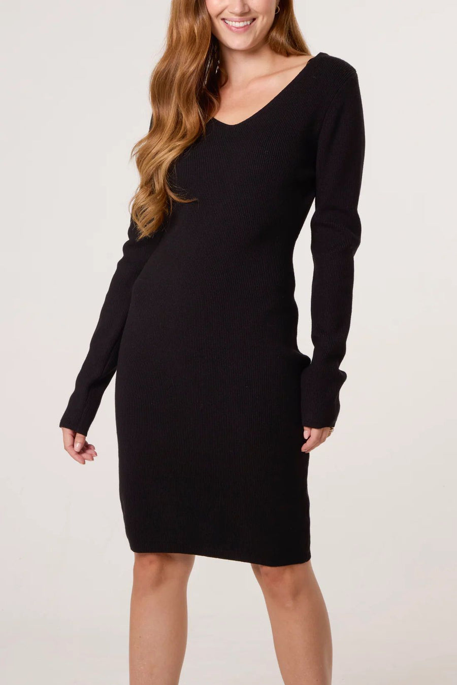 V-Neck & Bow Back Knit Dress - Black